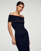 Vestido largo palabra de honor con escote Bardot y strass - Negro - Mujer