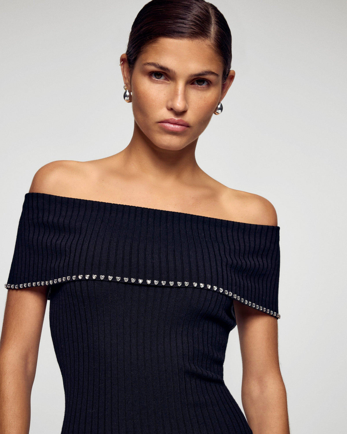 Vestido largo palabra de honor con escote Bardot y strass - Negro - Mujer
