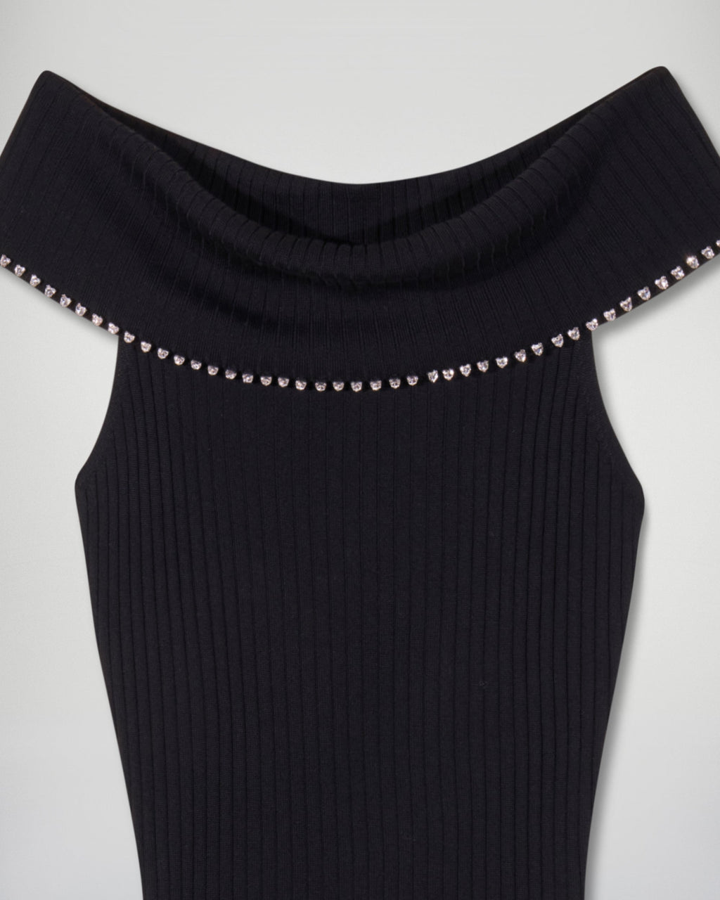 Vestido largo palabra de honor con escote Bardot y strass - Negro - Mujer