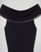 Vestido largo palabra de honor con escote Bardot y strass - Negro - Mujer