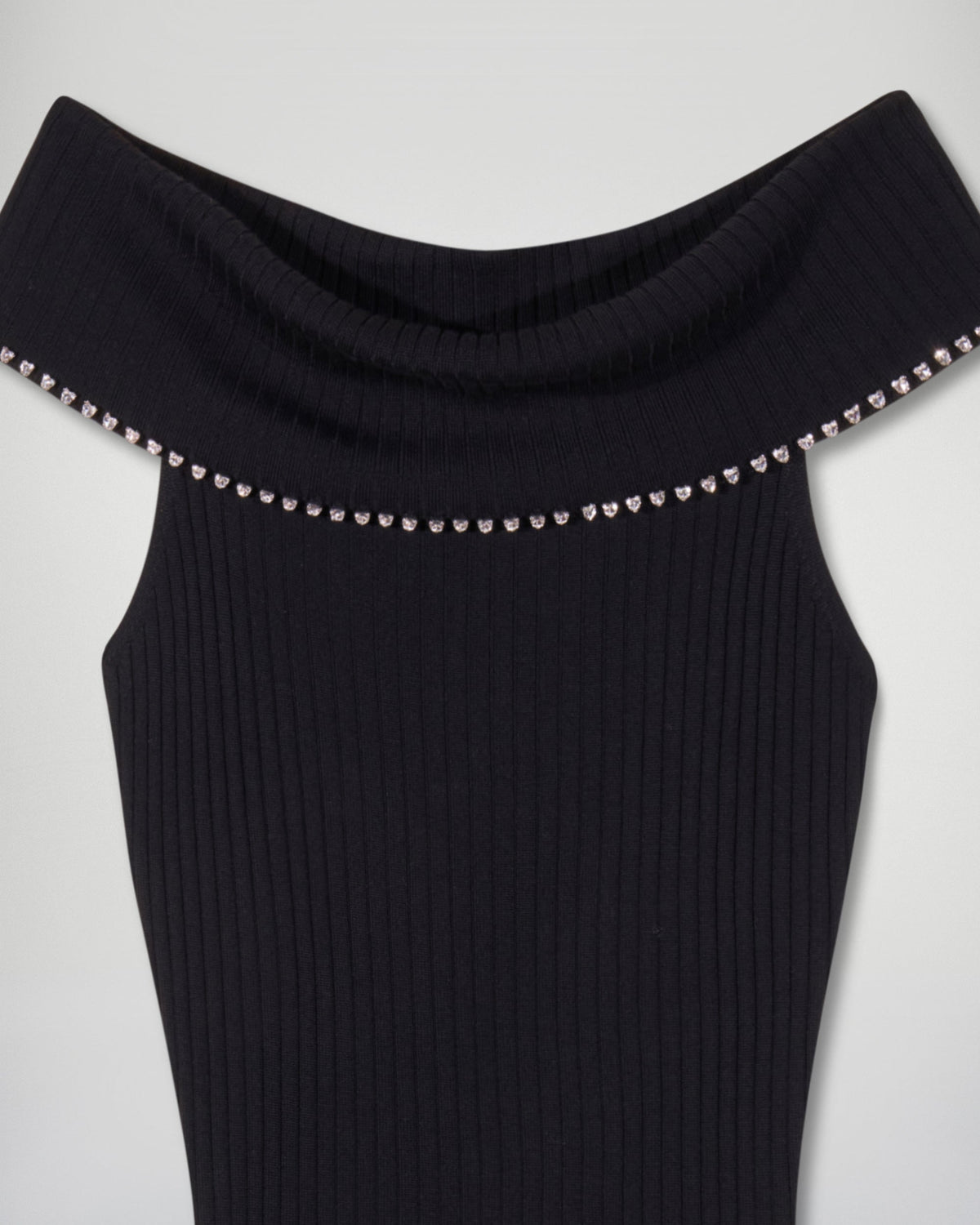 Vestido largo palabra de honor con escote Bardot y strass - Negro - Mujer