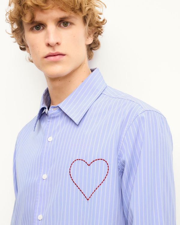 Chemise Manches Longues Cœur Brodé - Bleu Clair Raye - Homme