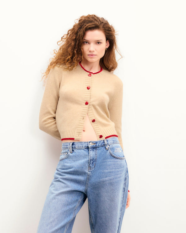 Pull Cardigan Liserés Et Boutons Cœur - Beige Chine - Femme