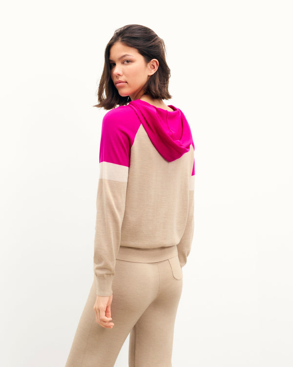 Pull Hoodie Tricolore - Beige Chine - Femme