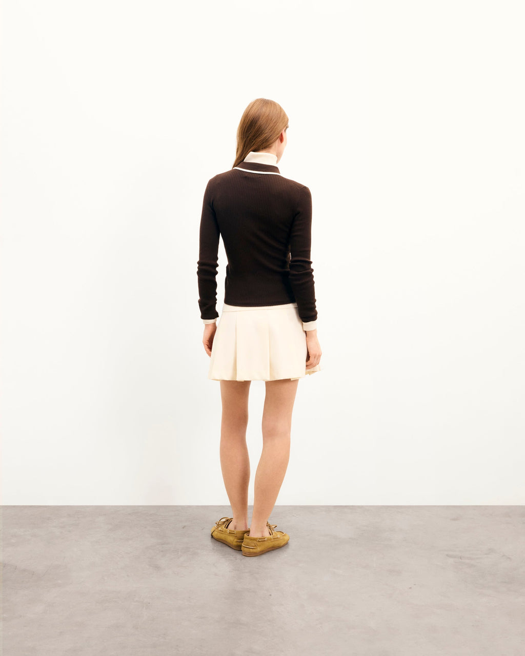 Pull Col Polo Bicolore Zippé - Chocolat - Femme