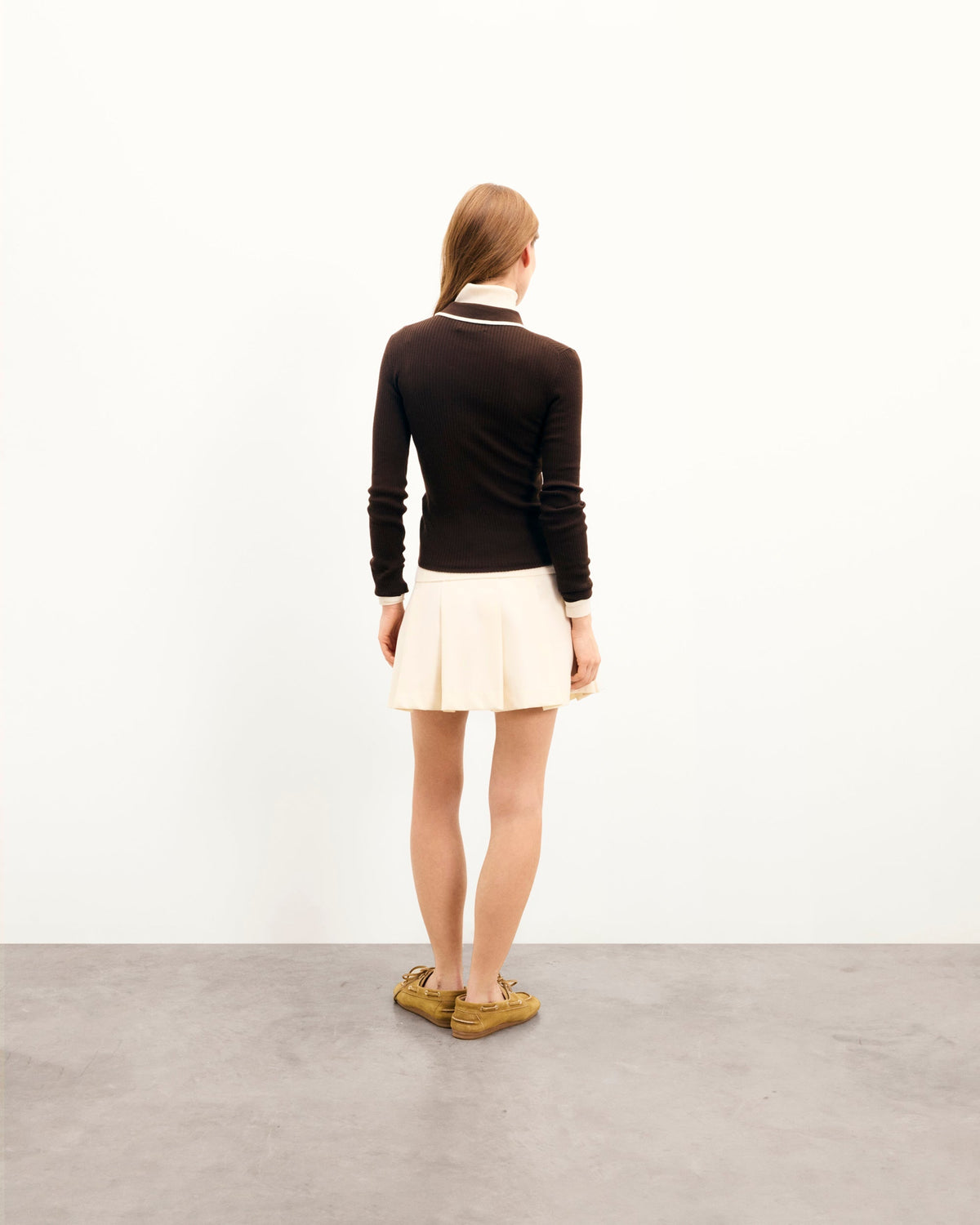 Pull Col Polo Bicolore Zippé - Chocolat - Femme