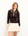 Pull Col Polo Bicolore Zippé - Chocolat - Femme