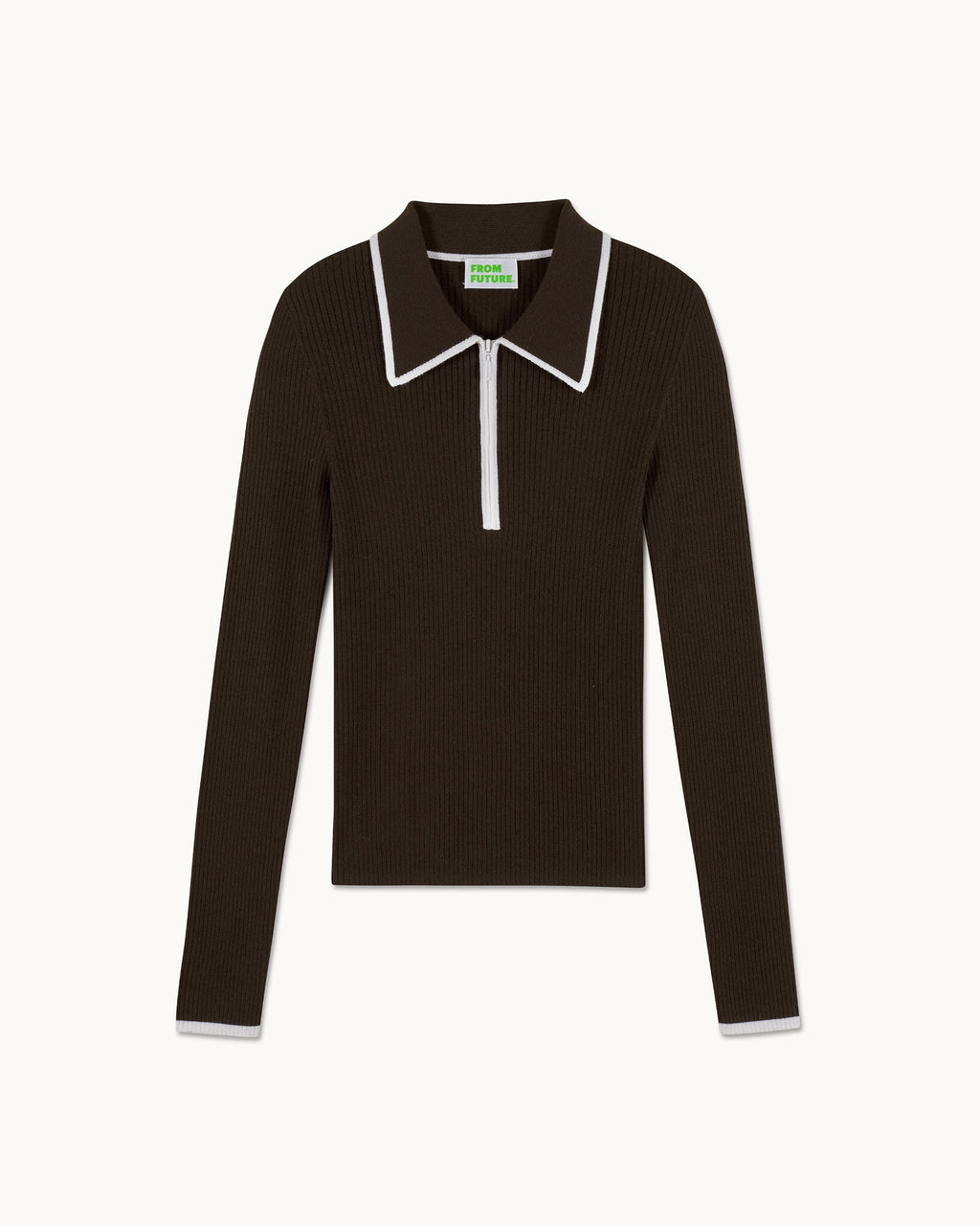 Pull Col Polo Bicolore Zippé - Chocolat - Femme