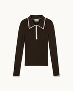 Pull Col Polo Bicolore Zippé - Chocolat - Femme