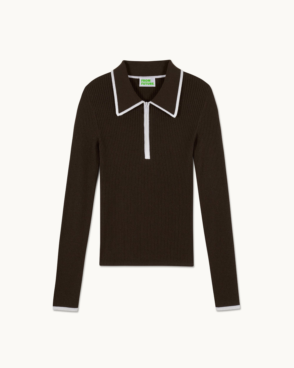 Pull Col Polo Bicolore Zippé - Chocolat - Femme