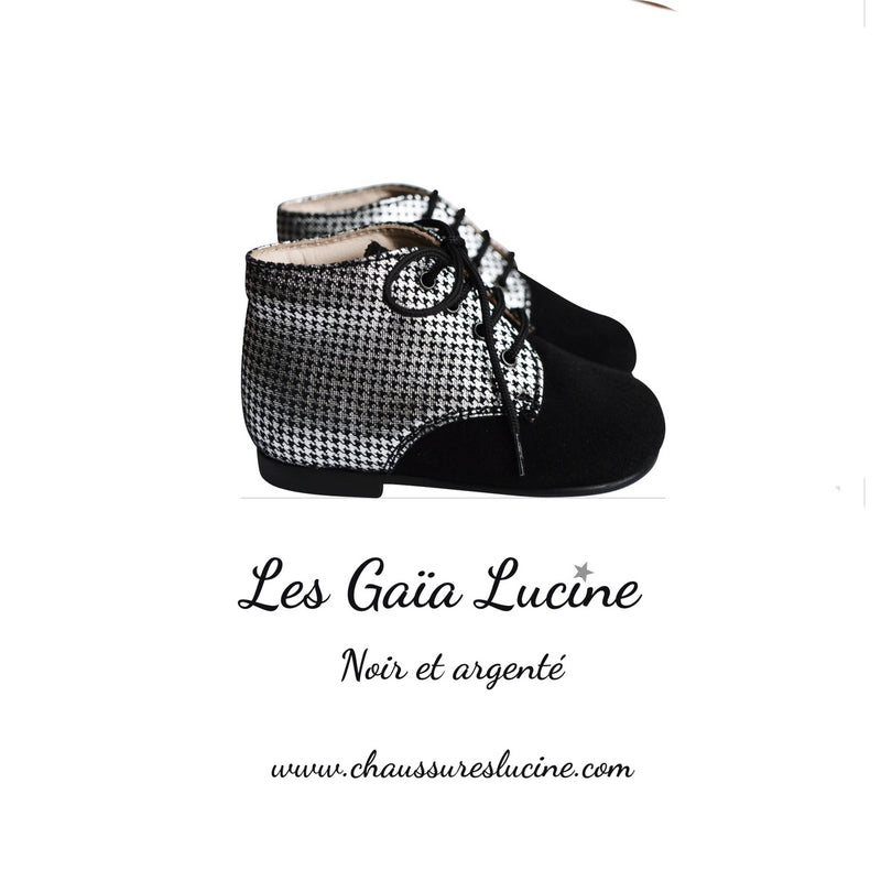 Chaussures Bottillon Fille À Lacets Gaïa - Cuir Noir Et Argent - Fille