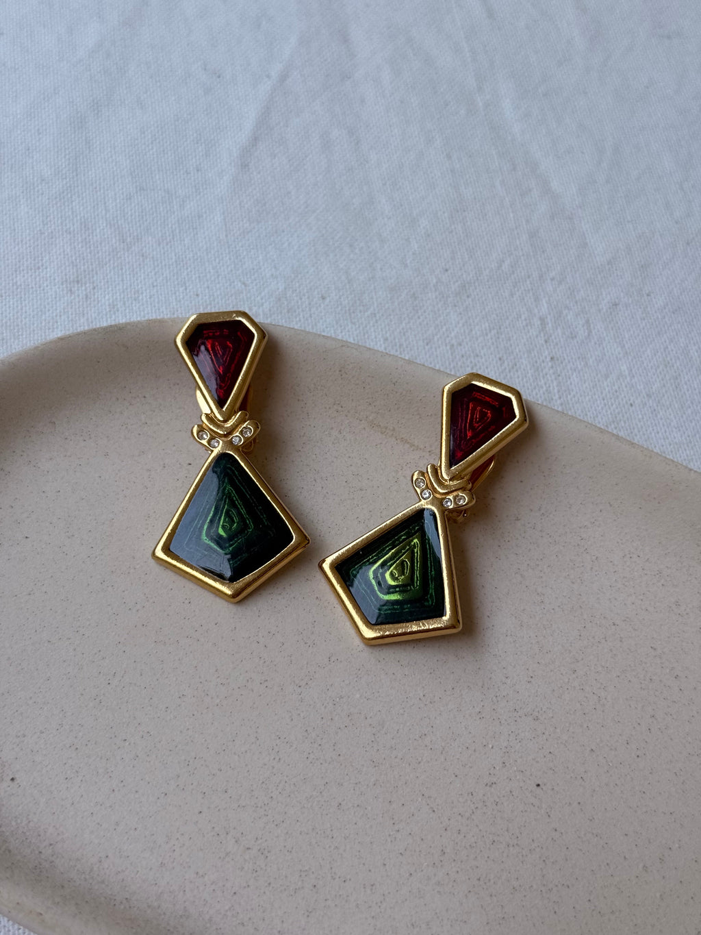 Vintage Enamelled Earrings - Red And Green