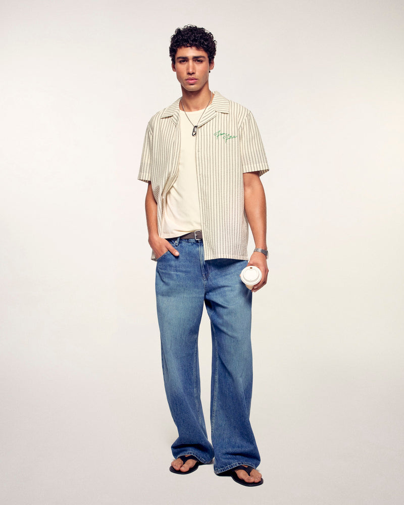 Chemise Manches Courtes à Broderies - Multi Rayures Ecru