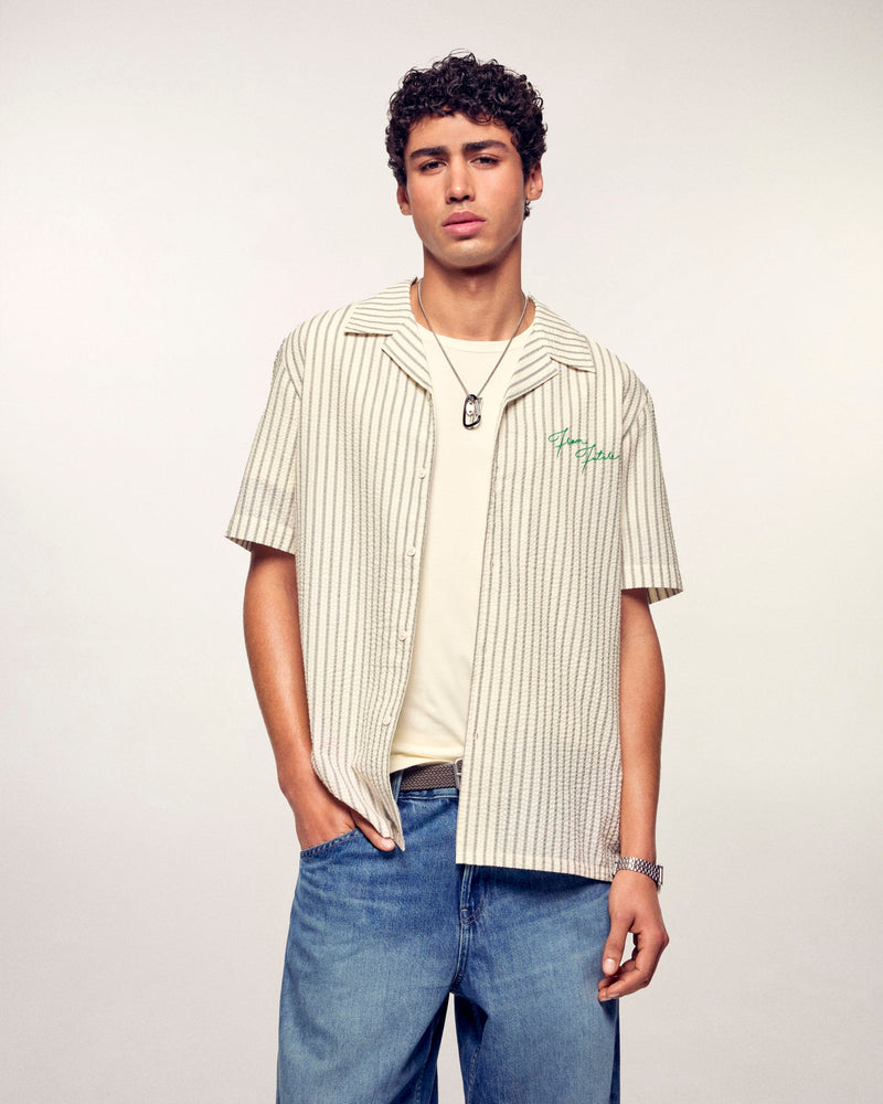 Chemise Manches Courtes à Broderies - Multi Rayures Ecru