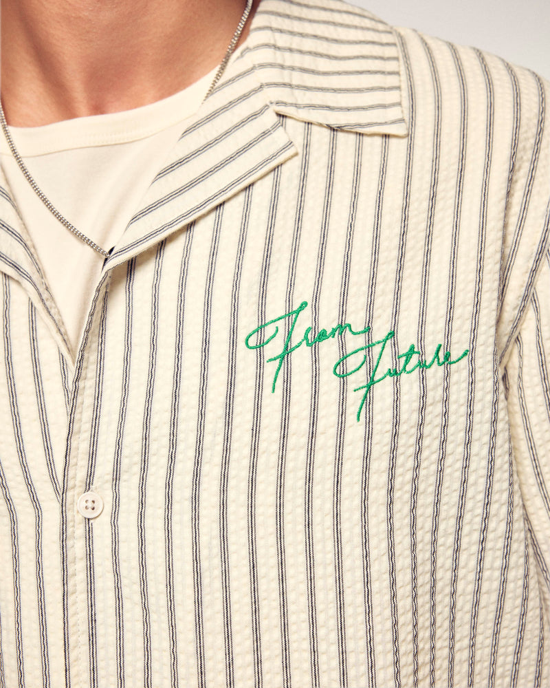 Chemise Manches Courtes à Broderies - Multi Rayures Ecru