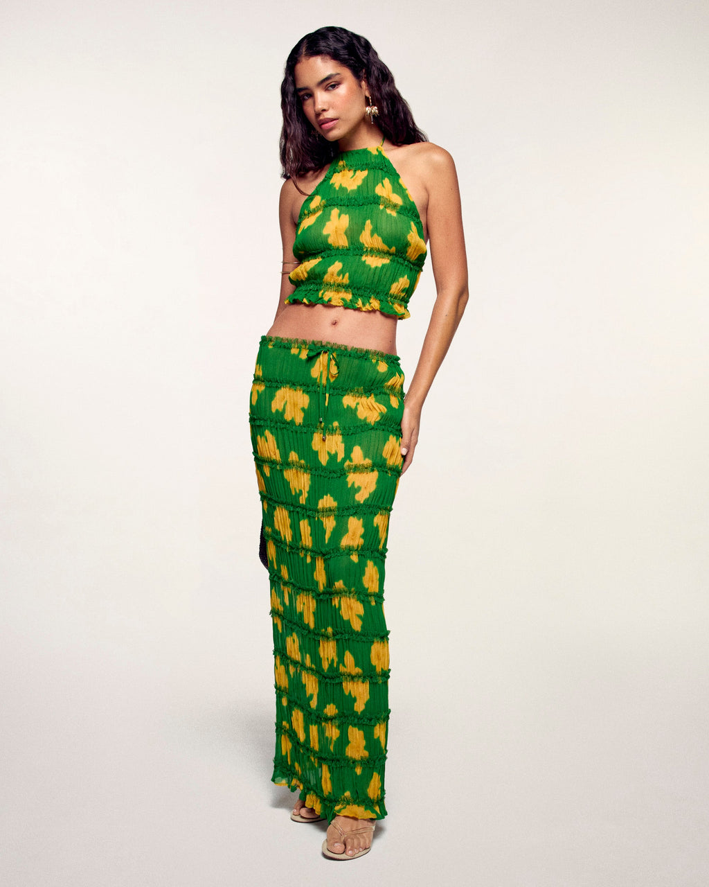 Falda midi fruncida estampada
