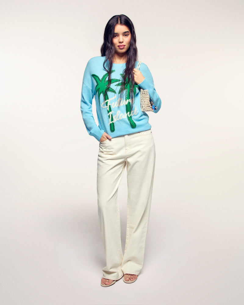Pull Col Rond Motif Palmiers