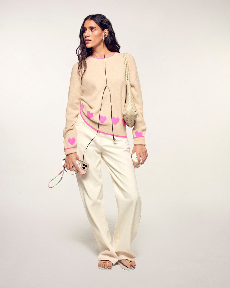 Pull Col Rond à Motifs Cœurs - Beige Chiné