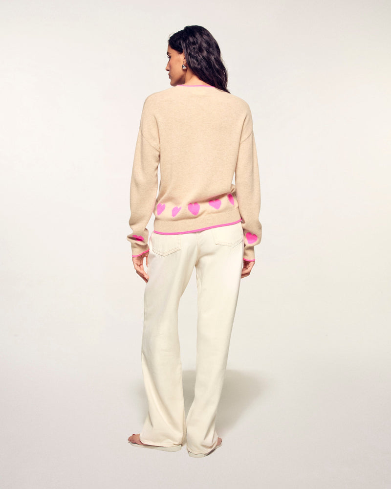 Pull Col Rond à Motifs Cœurs - Beige Chiné