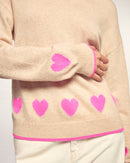 Pull Col Rond à Motifs Cœurs - Beige Chiné