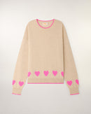 Pull Col Rond à Motifs Cœurs - Beige Chiné