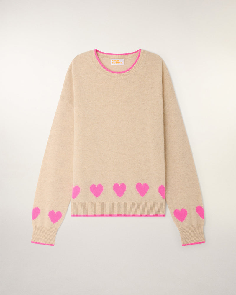 Pull Col Rond à Motifs Cœurs - Beige Chiné