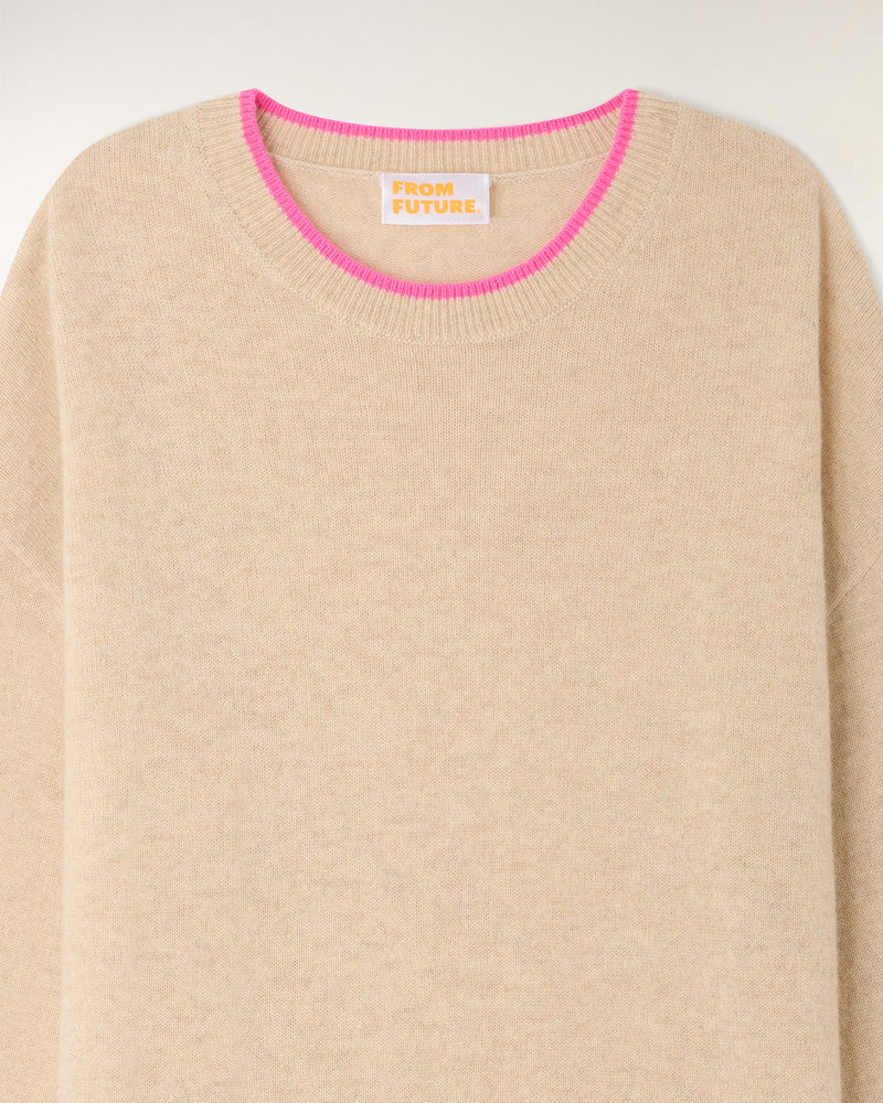 Pull Col Rond à Motifs Cœurs - Beige Chiné