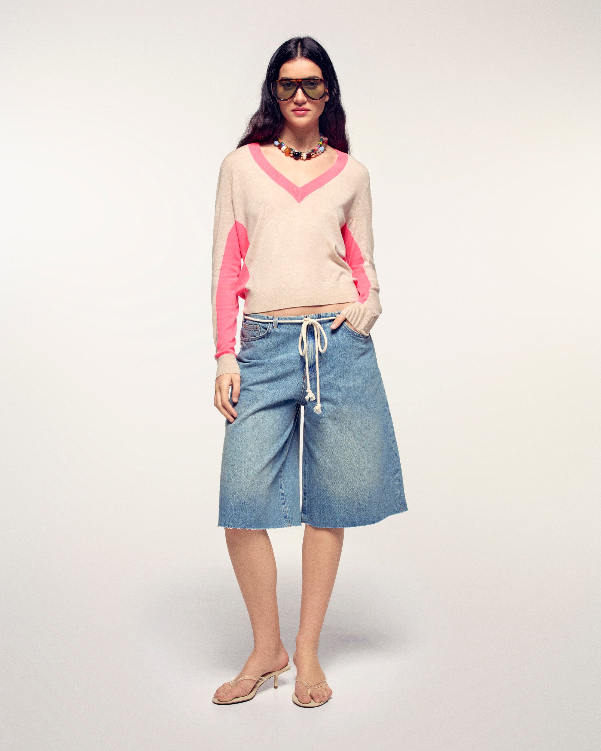 Pull Col V Bandes Contrastées - Beige Chiné