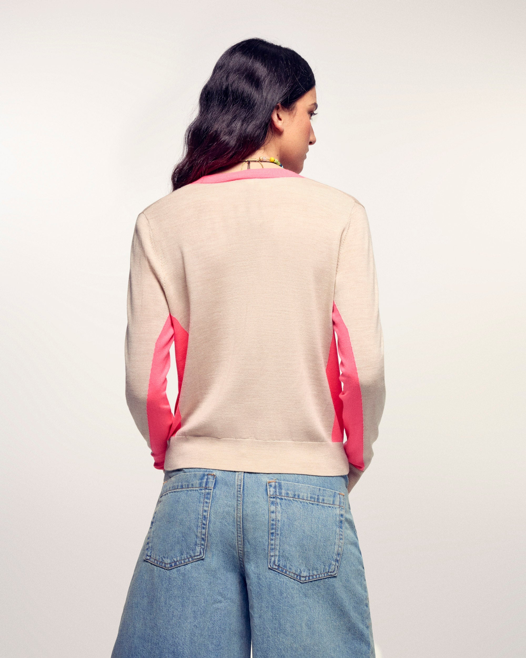 Pull Col V Bandes Contrastées - Beige Chiné