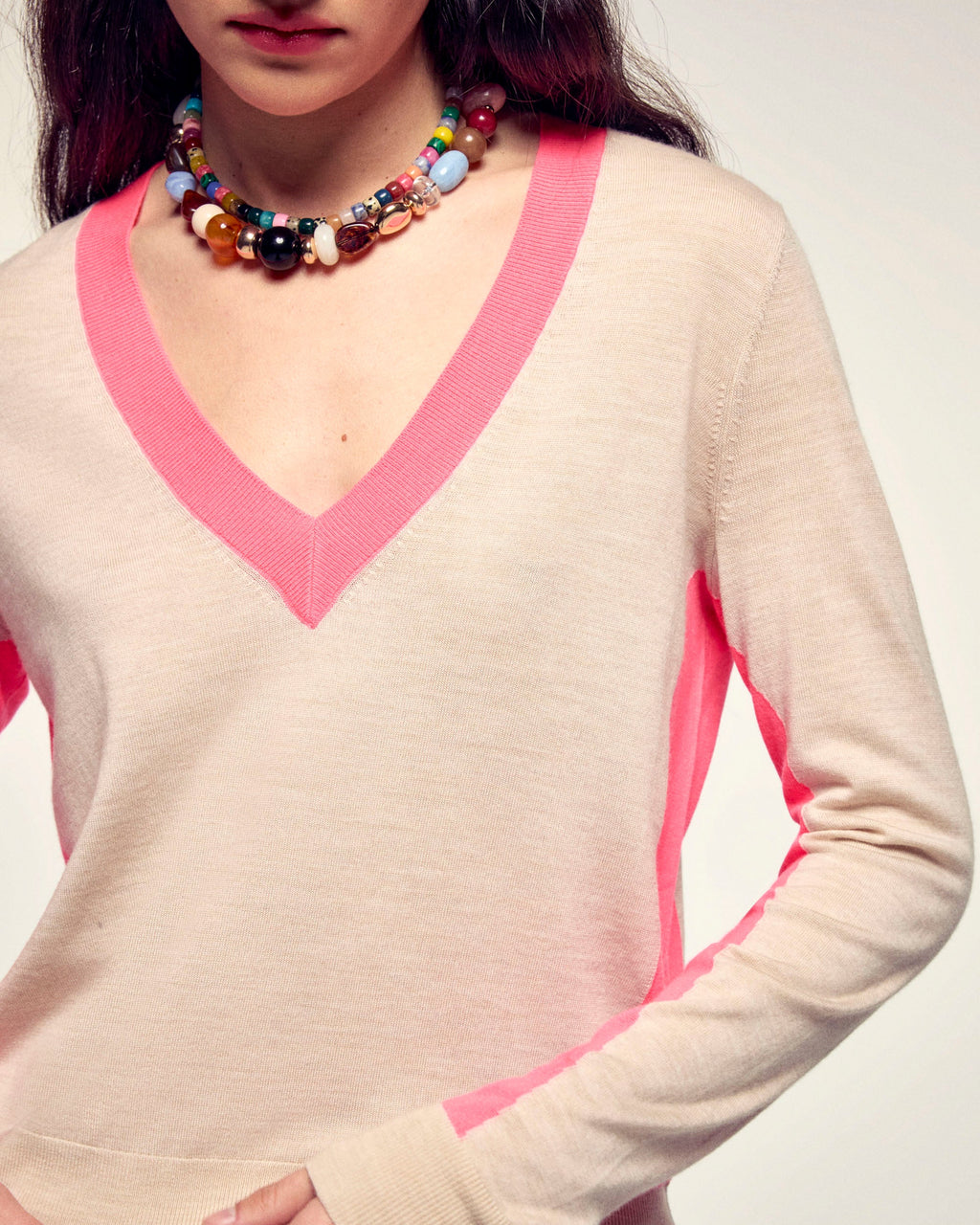 Pull Col V Bandes Contrastées - Beige Chiné