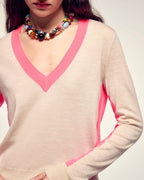 Pull Col V Bandes Contrastées - Beige Chiné