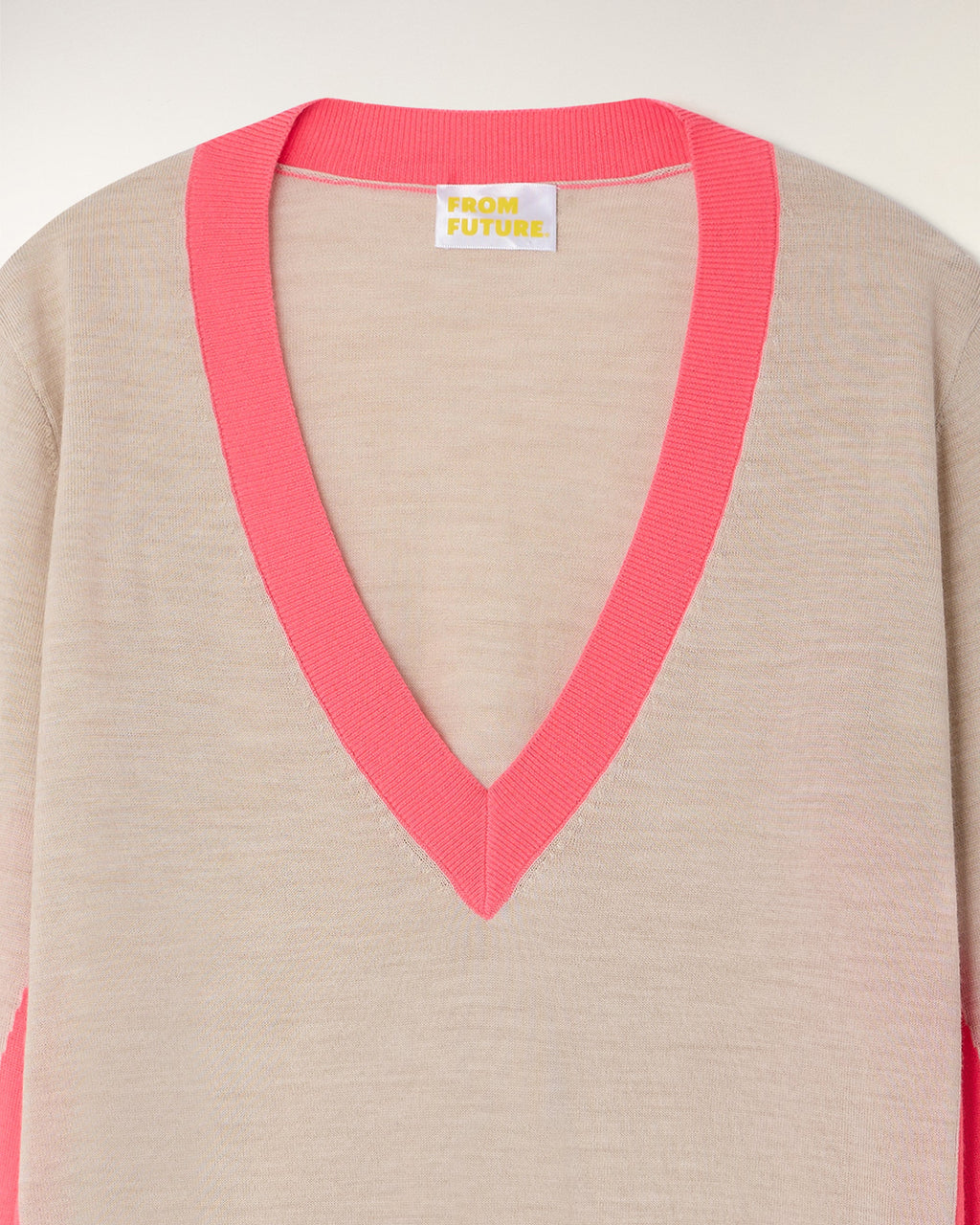 Pull Col V Bandes Contrastées - Beige Chiné