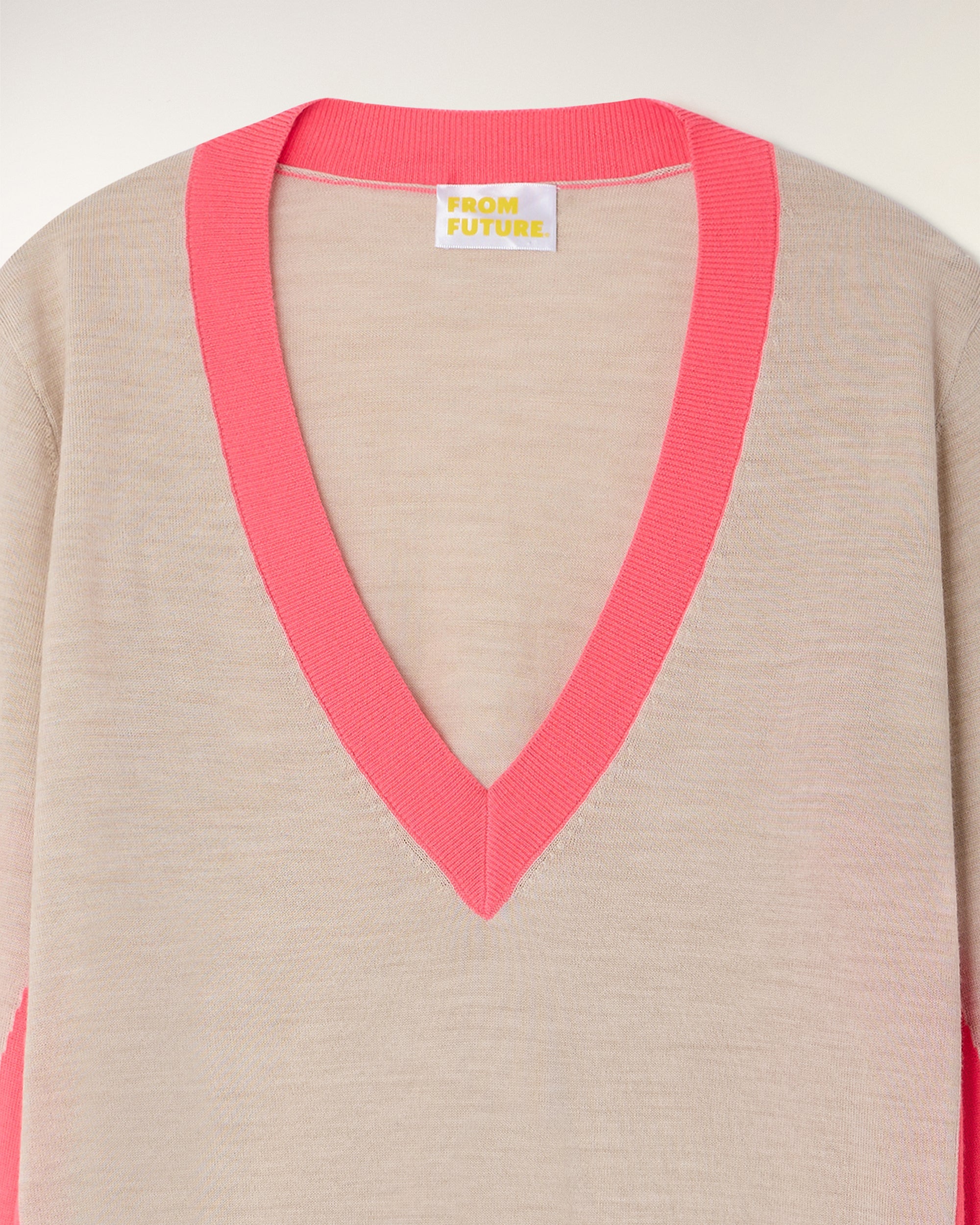 Pull Col V Bandes Contrastées - Beige Chiné