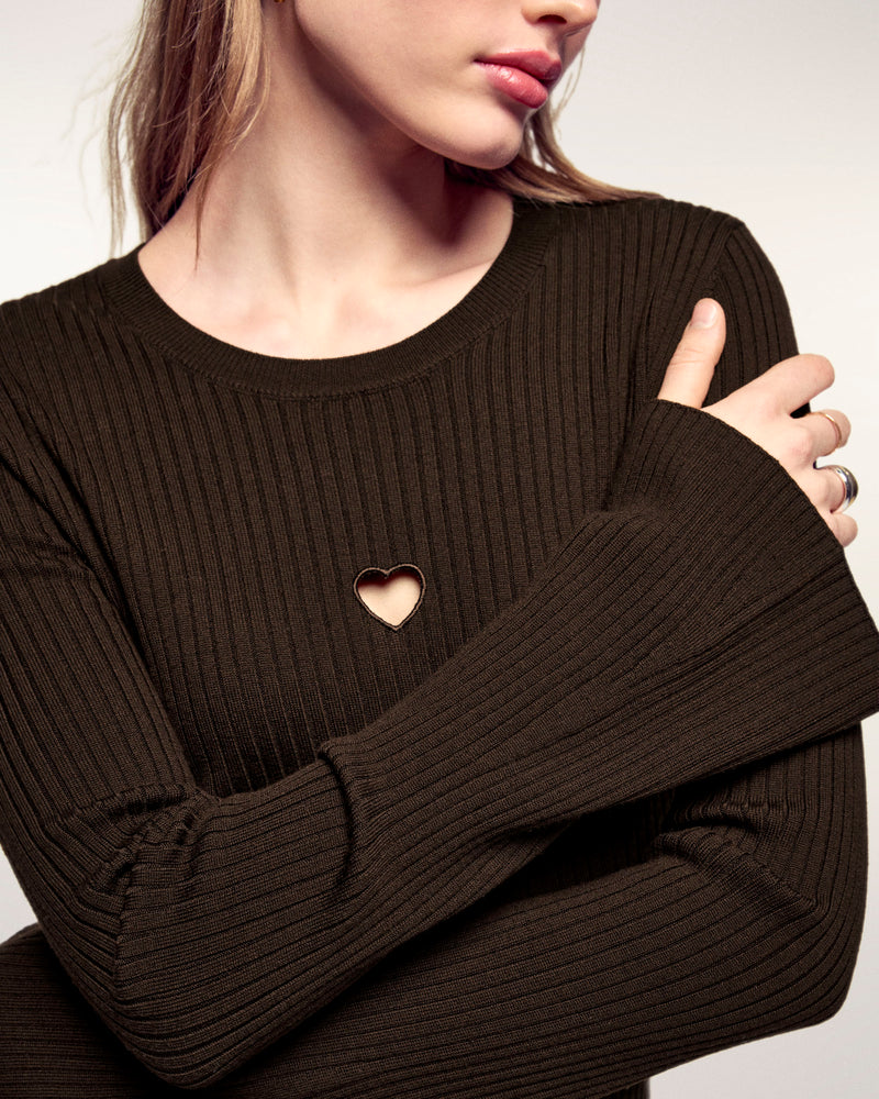 Robe Courte Manches Longues Coeur Ajouré - Chocolat