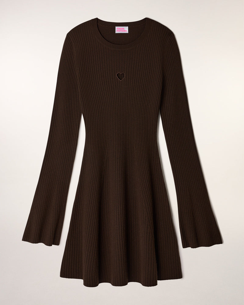 Robe Courte Manches Longues Coeur Ajouré - Chocolat