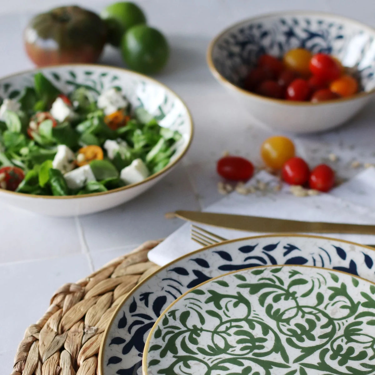 Set of 6 Héraclée Dessert Plates - 19 cm - Stoneware - Green Pattern