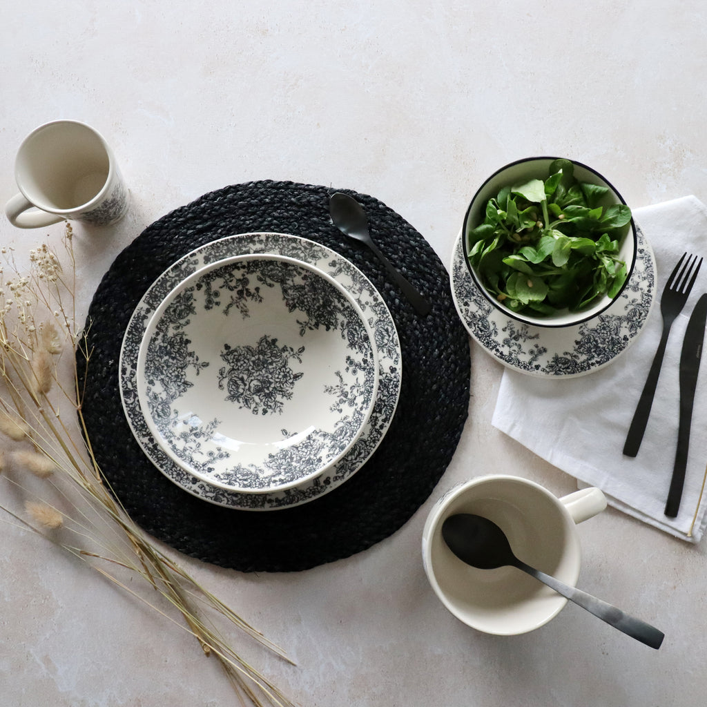 Set of 6 Florali Dinner Plates - 26 cm - Black Stoneware