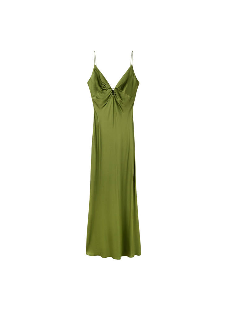 Robe Satinée Col V Froncé
