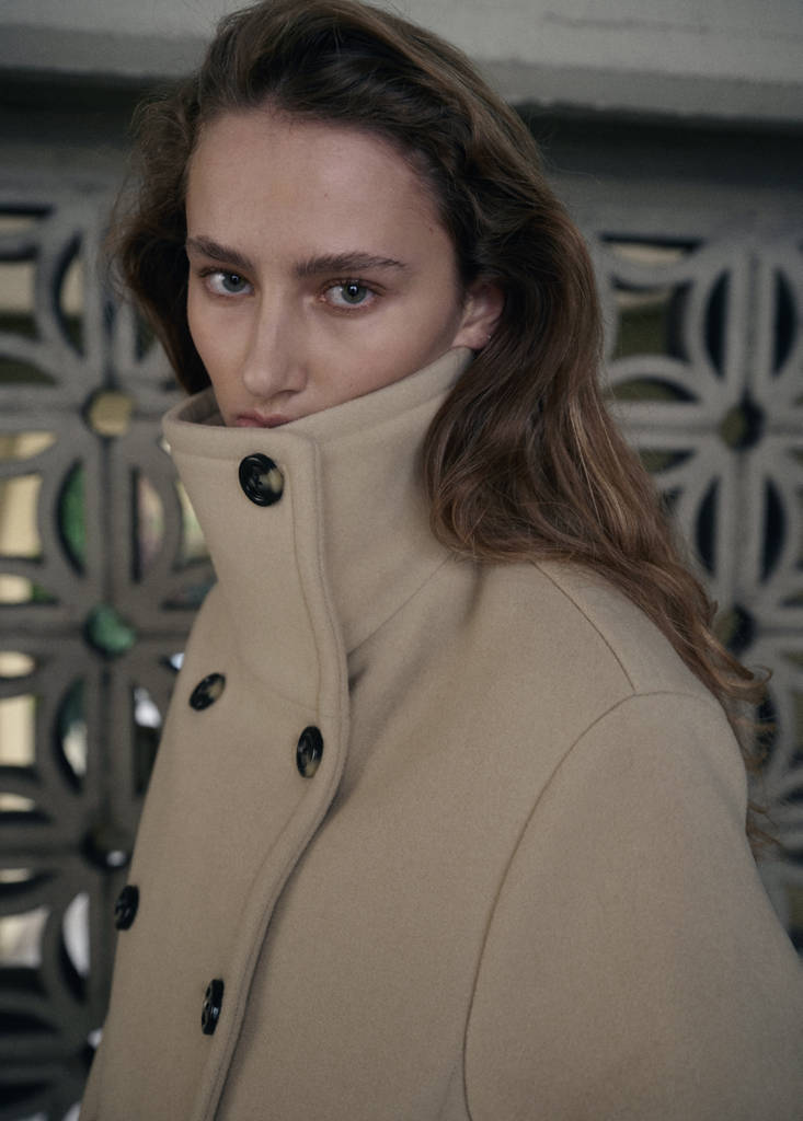 Manteau Laine Mélangée Col Cheminée