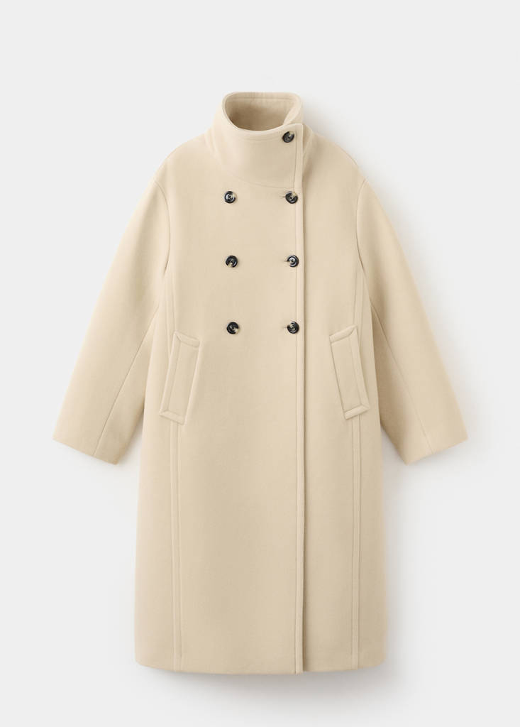 Manteau Laine Mélangée Col Cheminée