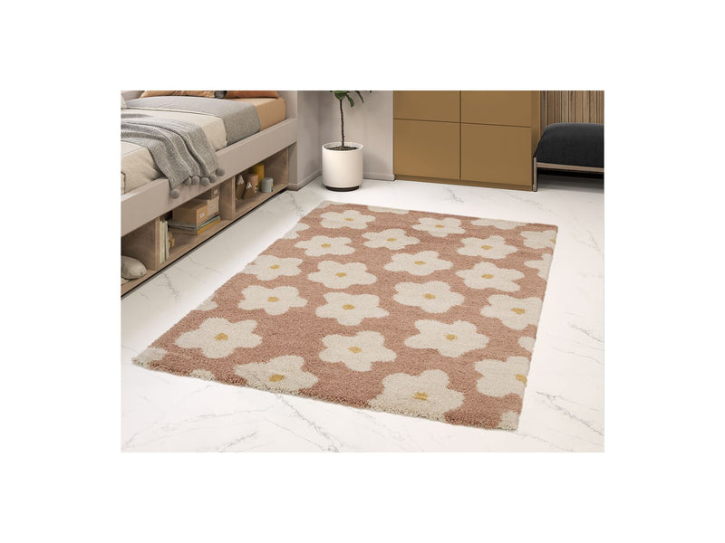 Tapis Poils Courts Suzy Motif Fleur - Rose