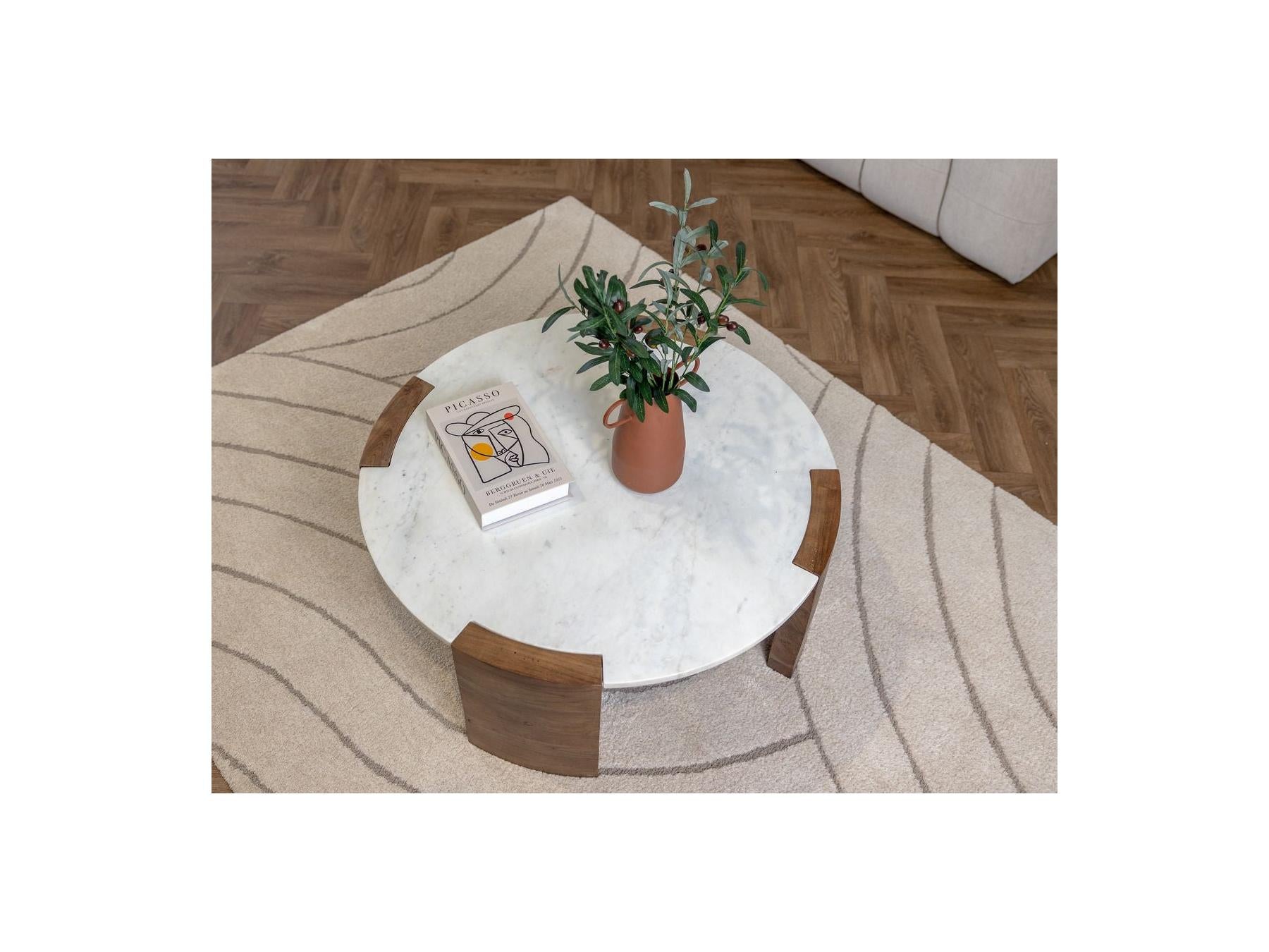 Round Coffee Table - Torvi - Marble Top and Solid Acacia Wood Legs
