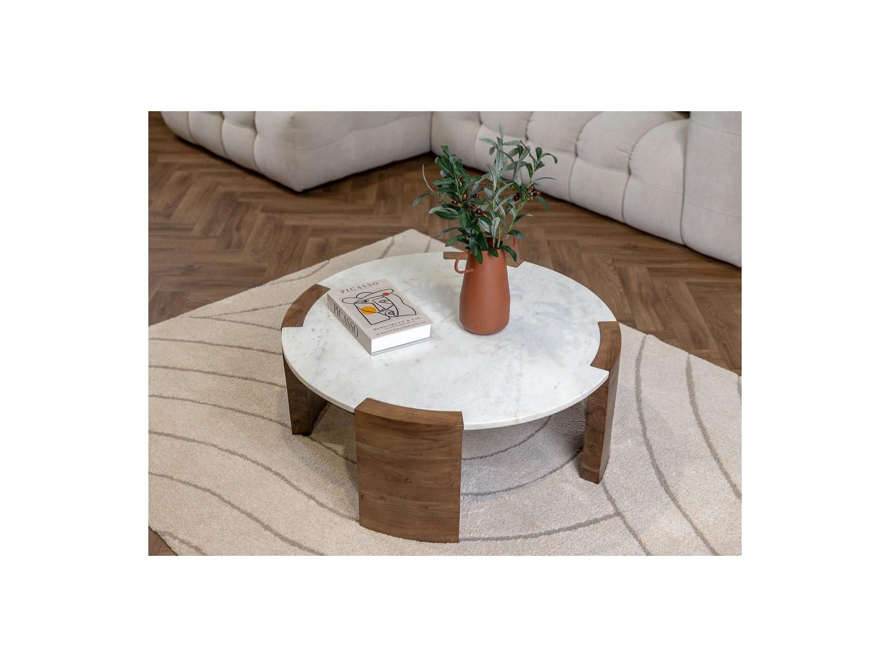 Round Coffee Table - Torvi - Marble Top and Solid Acacia Wood Legs
