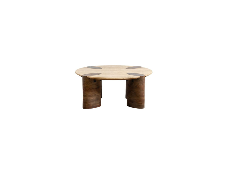 Table Basse Ronde Cerseï Plateau Travertin Et Pieds Bois Massif D'Acacia