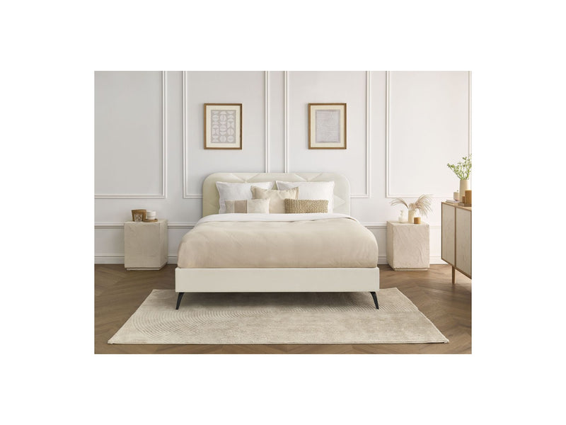 Lit Avec Lattes Massives - Prune - Tissu Velours - Beige