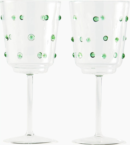 2 Verres De Vin En Verre Transparent Avec Des Boutons Verts Olive 8.5x20 Cm Nob - Pols Potten