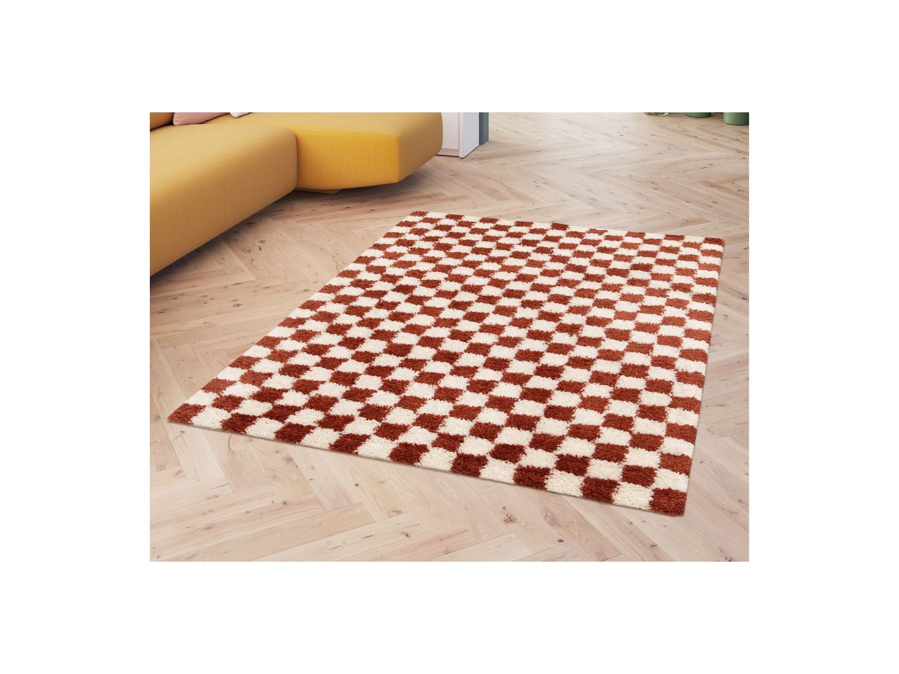Damien - Long Pile Rug - Checkerboard Pattern - Orange
