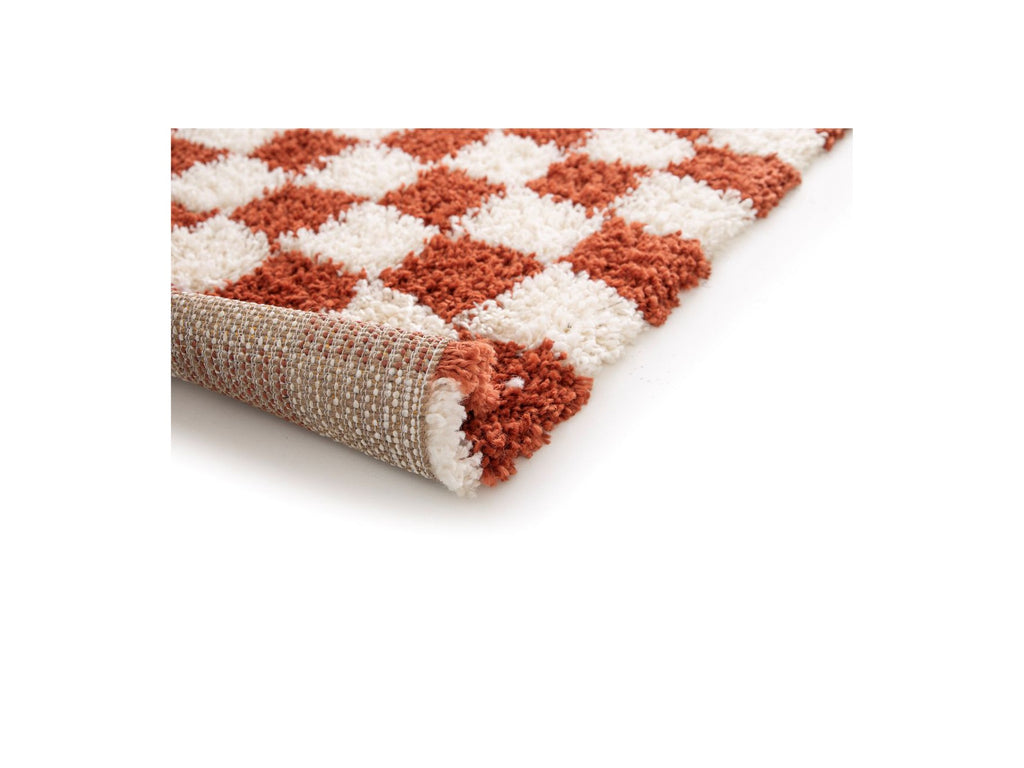 Damien - Long Pile Rug - Checkerboard Pattern - Orange
