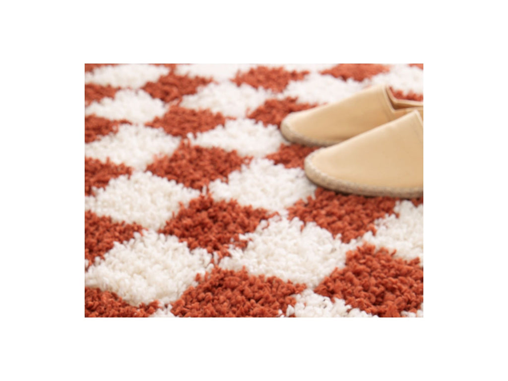 Damien - Long Pile Rug - Checkerboard Pattern - Orange