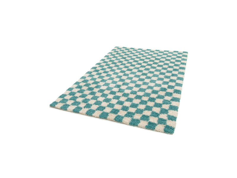 Tapis Poils Longs Damien Motifs Damier - Bleu Clair